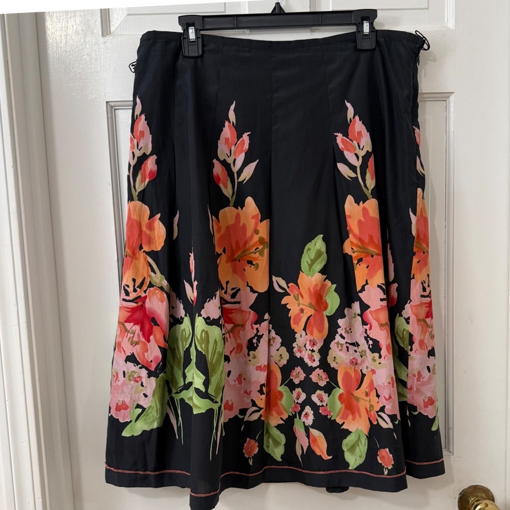 Tre Van Silk Cotton Floral Skirt 14 A-Line Pleated Tropical Cocktail Resort